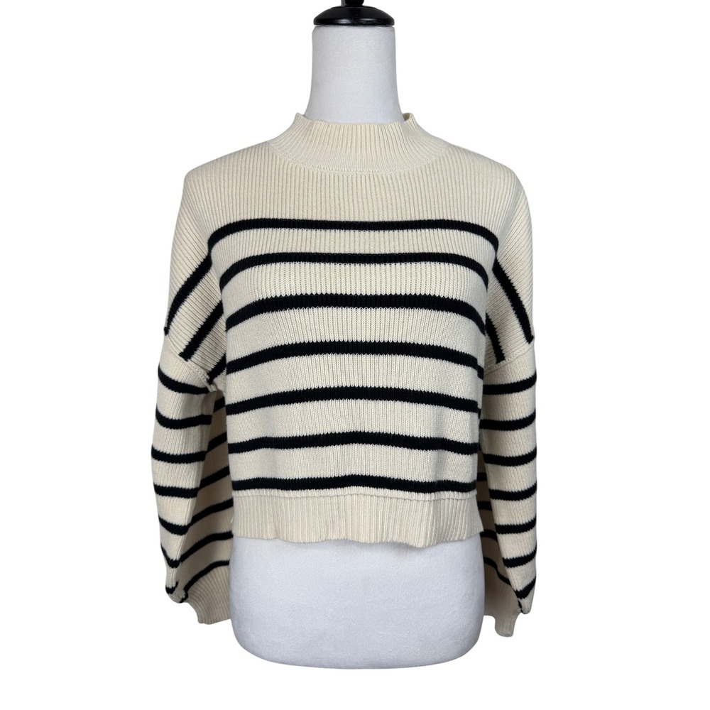 Blu Pepper Women Cotton Sweater S Cream Black Striped Mock Neck Cropped CR2703